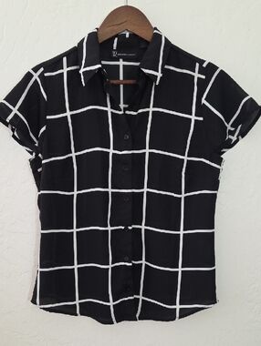 New York & Company Black and White Windowpane Sheer Blouse